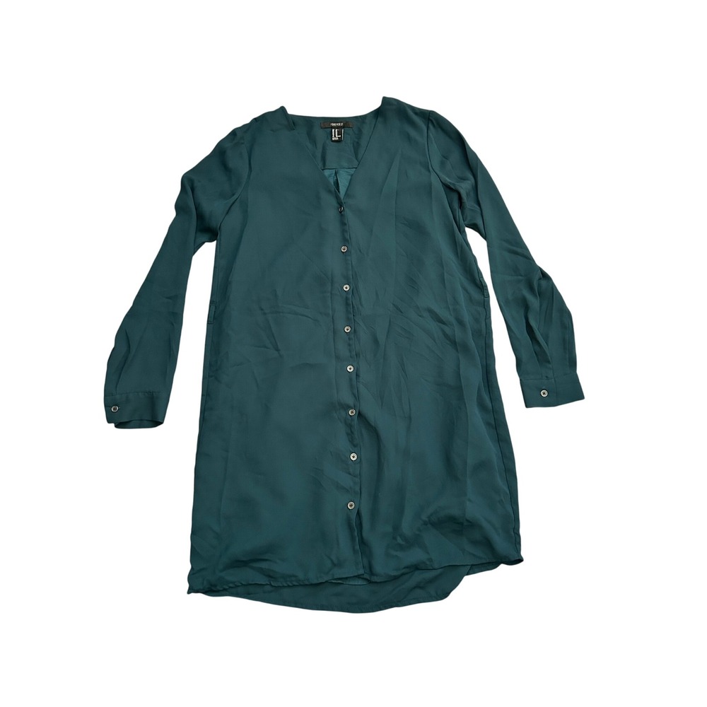 Forever 21 Shirt Dress Womens XS Teal Green Excellent V-Neck Long Sleeve Button